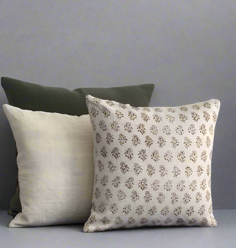 Alpana (11) Pure Linen, hand block printed cushion cover Color: Ivory
