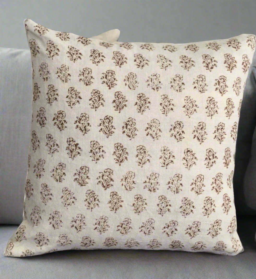 Alpana (11) Pure Linen, hand block printed cushion cover Color: Ivory