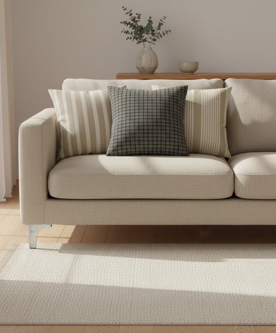 Beige sofa with decorative pillows in a bright living room